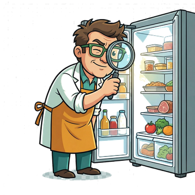 The Professor inspecting a refrigerator with a magnifying glass