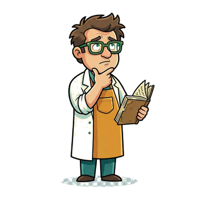 The Professor thinking with chin in hand, flipping through a reference book